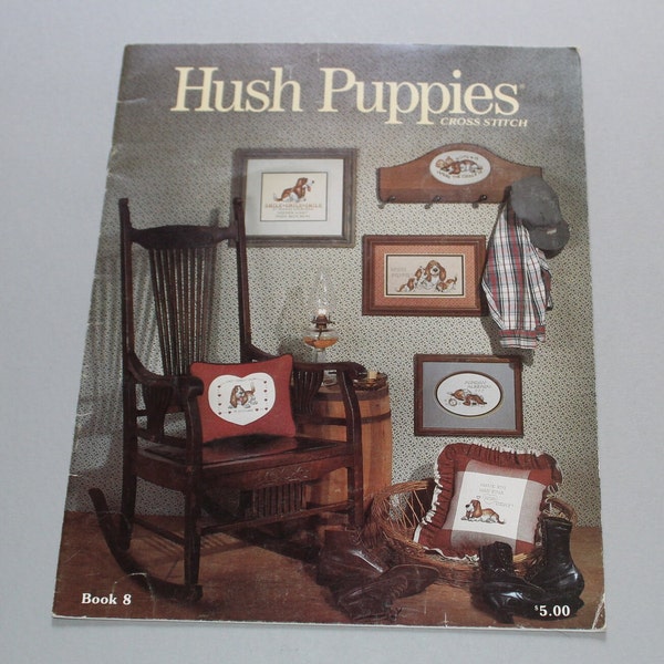 1985 Hush Puppies Book 8 Basset Hound Dog Designs cross stitch instruction pattern book needlework thread stitch embroidery