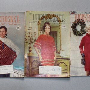 May include: Three vintage issues of "The Workbasket" magazine. The covers feature women modeling knitted and crocheted garments. The magazines are dated November 1970, August 1970, and December 1970. Each magazine has a price tag of 25 cents.