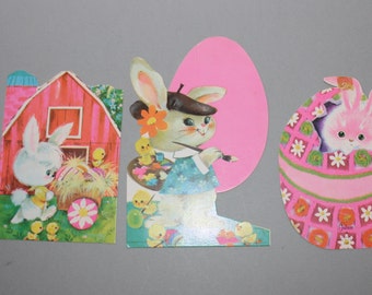 1970s Vintage Easter Spring Set of 3 Bunnies Rabbits with Eggs cardboard cutout decoration