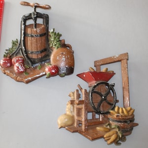 1970 HOMCO Metal Rustic wall plaques apple cider press & corn sheller antique farm machines decorative home decor