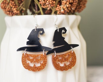 Glittery Pumpkin Earrings for Women, Black Witch Hat Earrings, Dangly Statement Halloween Jewelry, Festive Fall Earrings, Hostess Gift Ideas