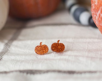 Glittery Orange Pumpkin Stud Earrings, Hypoallergenic Stainless Steel Posts, Cute Dainty Fall Jewelry, September Birthday Gift for Women
