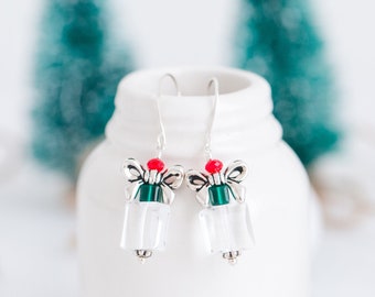 Silver Christmas Earrings Dangle, Teacher Christmas Gifts for Mom, Christmas Present Earrings, Stocking Stuffers for Women, Hypoallergenic
