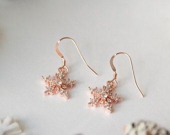 Rose Gold Snowflake Earrings Dangle, Valentines Day Gift for Girlfriend, Winter Wedding Earrings, January Birthday Gifts for Women, Mom Gift
