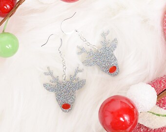 Sparkly Silver Reindeer Earrings, Christmas Gift for Coworker, Stocking Stuffers for Mom, Cute Festive Earrings, Hostess Gift for Women