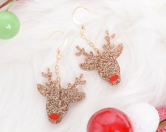 Gold Reindeer Earrings, Sparkly Statement Jewelry, Cute Christmas Gifts for Teachers, Stocking Stuffers for Women, Holiday Earrings Dangle