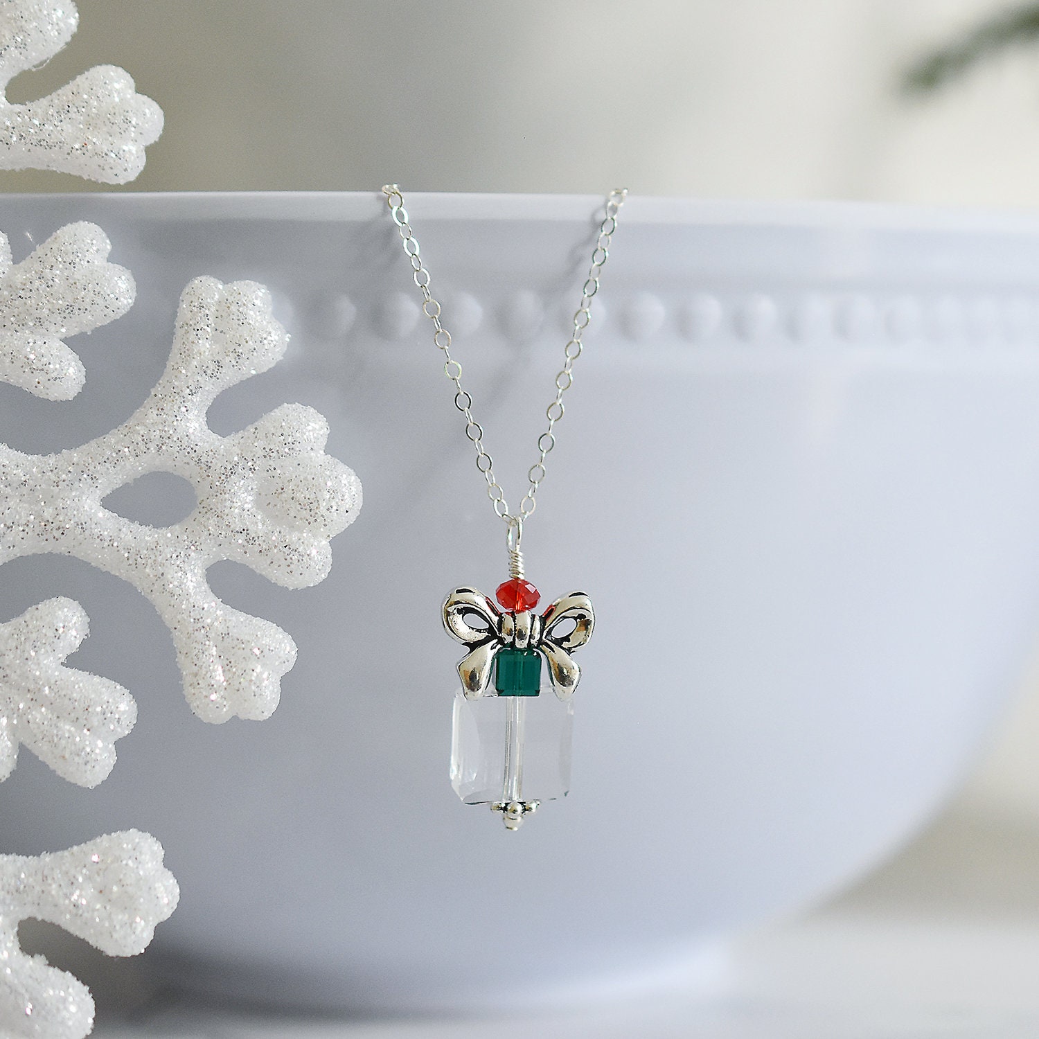 Christmas Present Silver Necklace, Stocking Stuffers for Women, Teacher Christmas Gifts for Mom, Holiday Necklace, Hostess Thank You Gifts