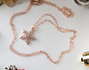 Rose Gold Snowflake Necklace, Christmas Gifts for Mom, Hostess Thank You Gifts, Winter Wedding Bridesmaid Gift, Stocking Stuffers for Women