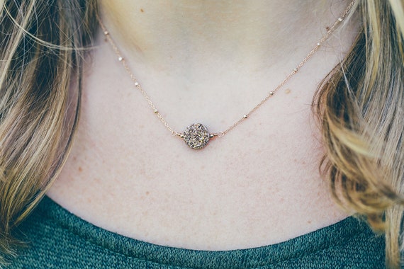Delicate Necklace Rose Gold Druzy Necklace for Women, Step Mom Mothers Day Gift from Daughter, Boho Necklace, Pink Druzy Crystal Necklace
