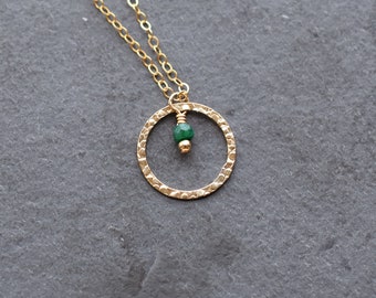 May Birthstone Emerald Necklace, Mother’s Day Gift from Daughter, Gold Circle Pendant for Women, Genuine Gemstone, Heart Chakra Jewelry