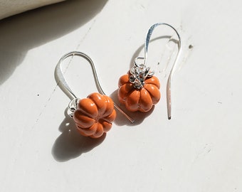 Sterling Silver Pumpkin Earrings Handmade, Fall Jewelry for Women, October Birthday Gifts for Her, Autumn Earrings, Thanksgiving Earrings