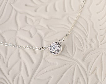 Boho Christmas Gifts for Sister, Solitaire Necklace, Wedding Jewelry Bridesmaid Gift, Holiday Gift for Mom, Sterling Silver Bezel CZ Pendant