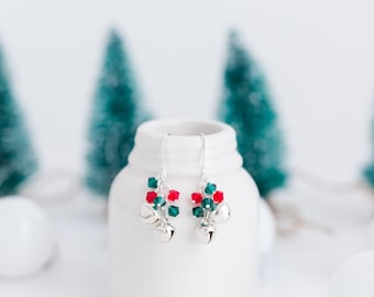 Jingle Bell Earrings, Christmas Earrings Dangle, Red and Green Crystals, Stocking Stuffers for Women, Festive Holiday Gift Idea for Teacher