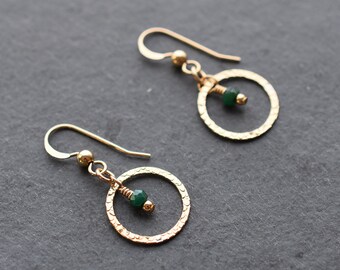 Gold Emerald Circle Drop Earrings, Step Mom Mothers Day Gift from Daughter, May Birthstone, Everyday Earrings Gold, Heart Chakra Earrings