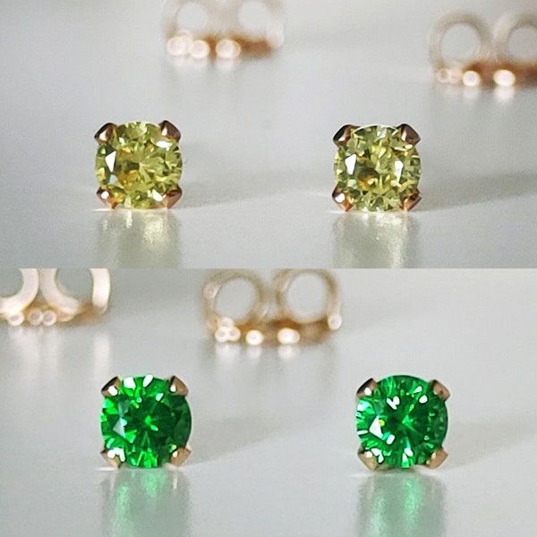 Green Cubic Zirconia Stud Earrings Gold Filled, Minimalist Earrings, Mini Studs 3 mm CZ Solitaire Earrings, Yellow Gold Filled Jewelry