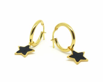 Petites boucles d'oreilles créoles pendentif étoile noir, boucles d'oreilles plaqué or, créoles 15 mm avec cintre, bijoux lunaires, bijoux bohème