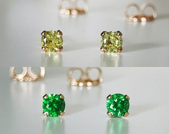Green Cubic Zirconia Stud Earrings Gold Filled, Minimalist Earrings, Mini Studs 3 mm CZ Solitaire Earrings, Yellow Gold Filled Jewelry