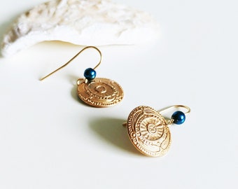 Boho earrings with blue hematite pearl and brass ornament pendant, boho jewelry