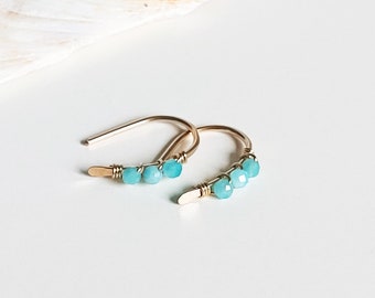 Dainty Amazonite Earrings Gold Filled, 15mm, Open Hoop Earrings, Small Teal Gemstone Earrings, Boho Arch Earrings