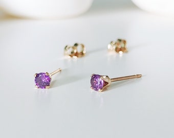 Purple Cubic Zirconia Stud Earrings Gold Fill / Silver, Minimalist Earrings, Mini Studs 3 mm CZ Solitaire Earrings, Yellow Gold Filled Jewelry