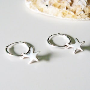 925 Sterling Silver Hoop Earrings with Starfish Pendant, Starfish Silver Earrings, Star Earrings Silver, Boho Jewelry