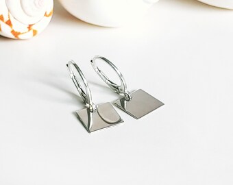 Sterling silver earrings with square plate pendant, minimalist silver earrings, lightweight earrings