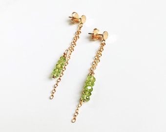 Gold filled earrings with peridot, gemstone earrings green, filigree chain earrings, plate stud earrings, birthstone jewelry August