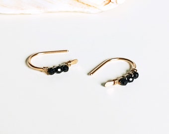 Black Tourmaline Earrings Gold Filled, 15mm, Open Hoop Earrings, Small Black Gemstone Earrings, Boho Arch Earrings