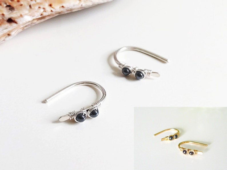 Hematite Earrings 15 mm, Yellow Gold filled / 935 Argentium silver, arc earrings, open hoop earrings, hematite jewelry, unique gift image 1