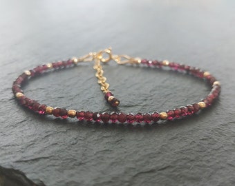 Narrow garnet bracelet, gold filled, 2.8 mm wide, January birthstone, red gemstone jewelry, boho bracelets for women