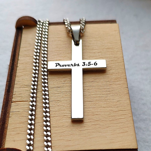 mens gift Proverbs 3:5-6 stainless steel Silver Cross Necklace him Religious Gift for Him Men Personalized cross Customized mens cross