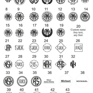 May include: A chart displaying 43 different monogram designs, each with a unique style and font. The designs include initials, names, and decorative elements. The chart is numbered from 1 to 43.