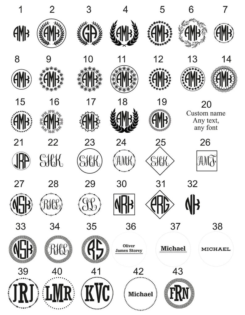 May include: A chart displaying 43 different monogram designs, each with a unique style and font. The designs include initials, names, and decorative elements. The chart is numbered from 1 to 43.