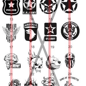 May include: A sheet of black and white iron-on transfers featuring various military, skull, and motorcycle designs. The designs include the U.S. Army, U.S. Marines, U.S. Air Force, U.S. Navy, and police badges. There are also skull designs with flames, a dragon, and a tiger.