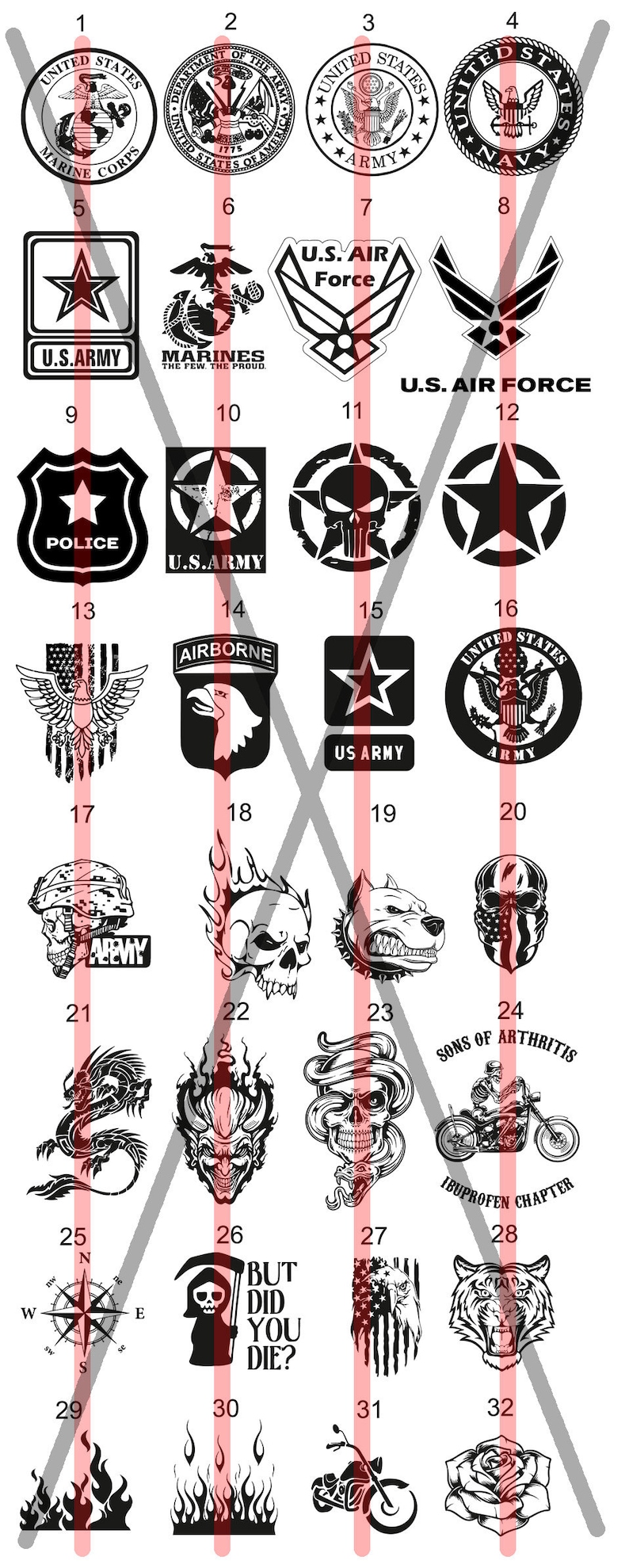 May include: A sheet of black and white iron-on transfers featuring various military, skull, and motorcycle designs. The designs include the U.S. Army, U.S. Marines, U.S. Air Force, U.S. Navy, and police badges. There are also skull designs with flames, a dragon, and a tiger.