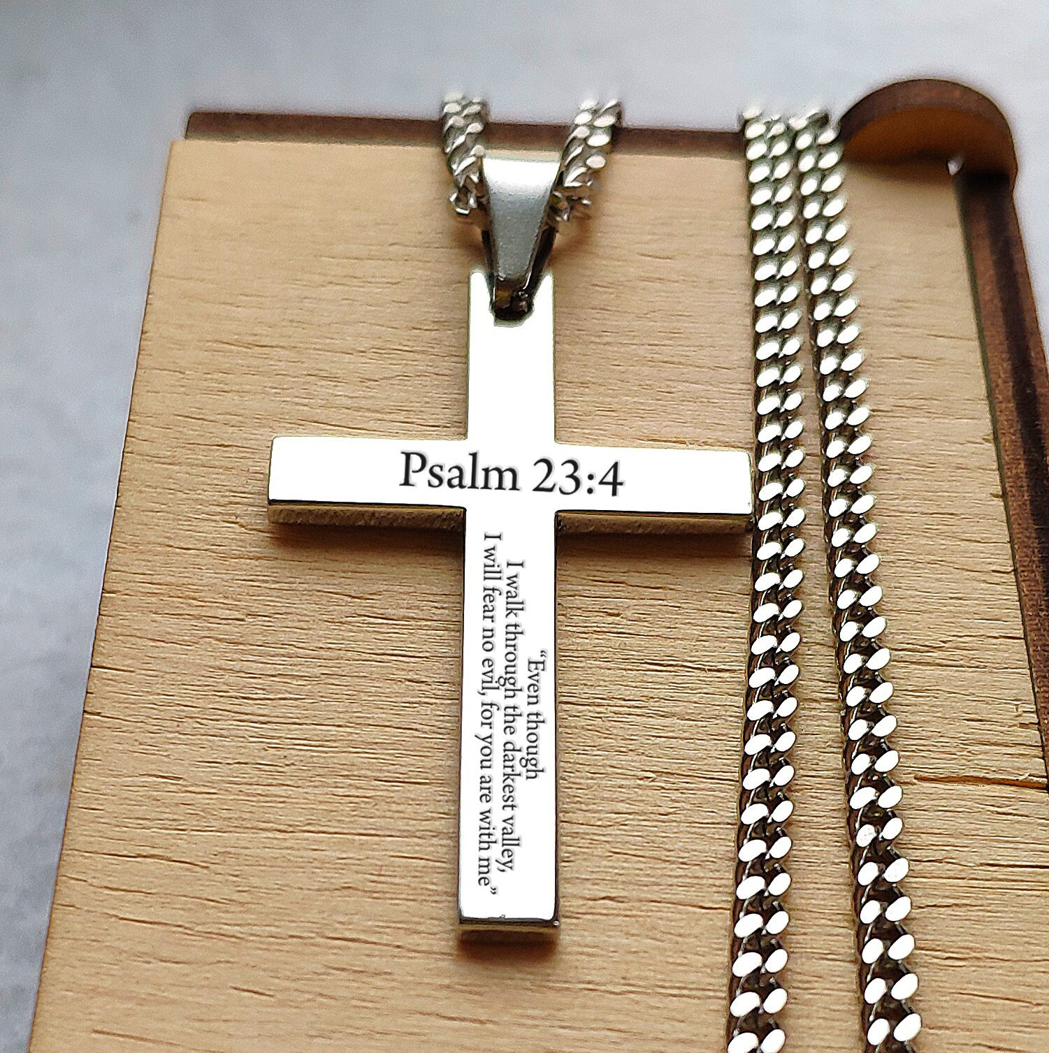 Mens Gift Psalm 23:4 Cross Necklace Religious Gift Idea for Him