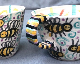 Two Bee Teacups with Striped handles