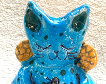 Ceramic Cat Angel-Teal, Little Blue Ceramic Kitty Angel, Cat Mom Gift, Pet Loss Gift, Christmas Cat Angel, Clay Figurine, Cat Angel Decor