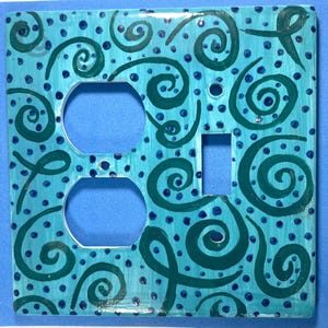Ceramic Teal Outlet Light Switch Cover with Swirls, Plug Switch Plate Cover, Hand Painted Switch Outlet Cover