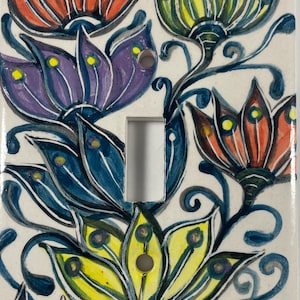 Floral Ceramic Light Switch Plate Cover, Hand Painted Multicolored Flowers, Yellow, Red, Purple and Blue Flowered Switch Plate, Gift for Mom