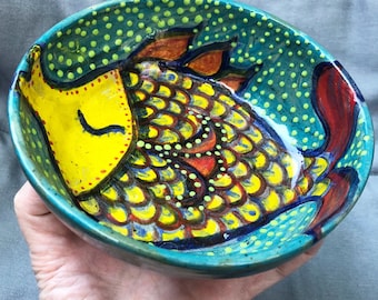 Yellow Fish in Polka Dot Sea, Ceramic Bowl, Hand Illustrated Dinnerware, Cereal Bowl, Small Serving Dish, Dishware, Fish Lover's Gift