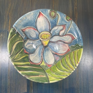 Ceramic Bowl, Lotus Flower Painting, Hand Painted Ceramics, Beautiful Lotus Flower, Gift for Gardener, Gift for Mom, One of a Kind Dish