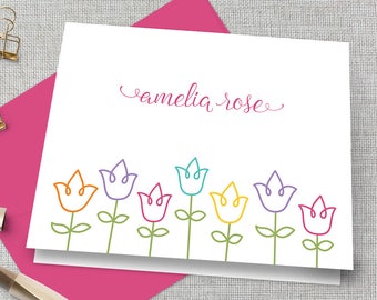 Personalized Stationery / Personalized Stationary Set / Tulip Flower Note Cards / Children's Stationary / Personalized Thank You Note Cards