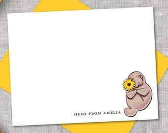 Personalized Stationery / Personalized Manatee Stationary Set / Custom Manatee Stationary / Cute Manatee Flat Notecard / Childrens Note Card