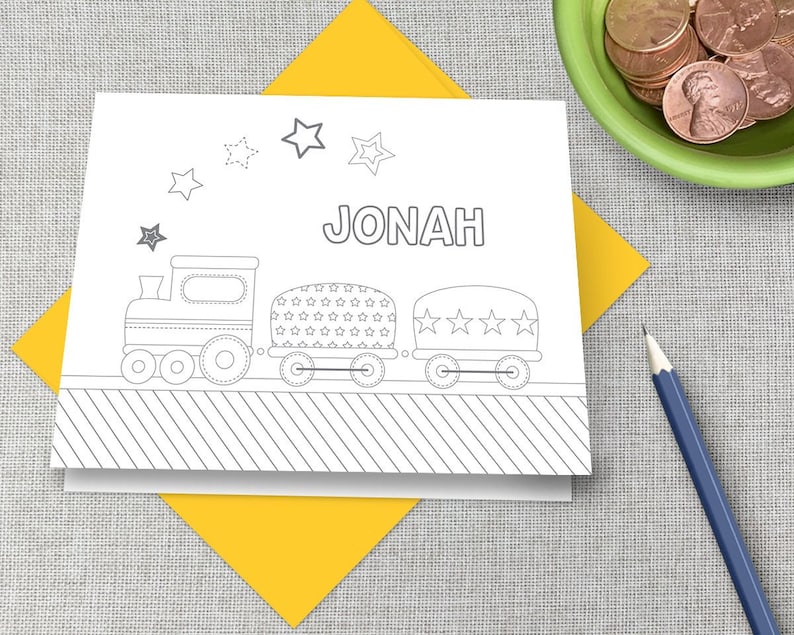 Color Your Own Children/'s Personalized Stationery Customized Kid\u2019s Coloring Thank You Note Cards Cute Train Stationary Train Note Card