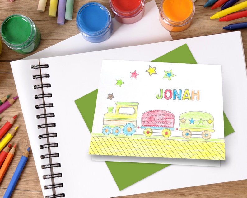 Color Your Own Children/'s Personalized Stationery Customized Kid\u2019s Coloring Thank You Note Cards Cute Train Stationary Train Note Card
