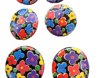 Vintage Floral Buttons 30mm Black Colourful Sewing Buttons NOS Set of 6
