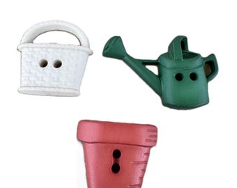 Garden Theme Buttons Set of 5, Flower Pots Watering Can Basket, Nylon Craft Buttons