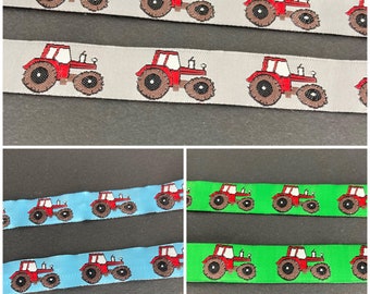 Jacquard woven tractor 16mm ribbon available in 3 colours sold by the 2 x metres (or one continuous length for multiples)