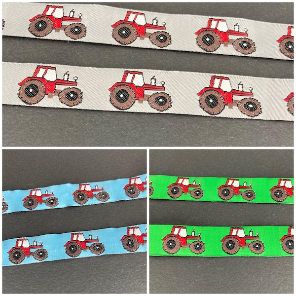 Jacquard woven tractor 16mm ribbon available in 3 colours sold by the 2 x metres (or one continuous length for multiples)